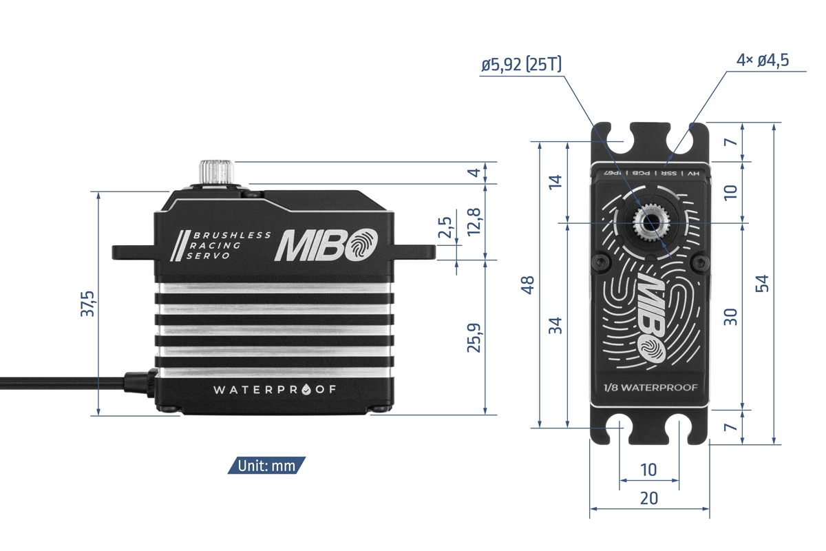 MIBO 1/8 Waterproof (0.085s/45kg/8.4V) Brushless Servo | pkmodelar.cz