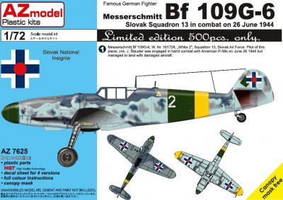 Plastikový model letadla AZ-Model 7625 Messerschmitt Bf 109G-6 Slovak Squadron 13 in combat on 26 June 1944 1:72 | pkmodelar.cz