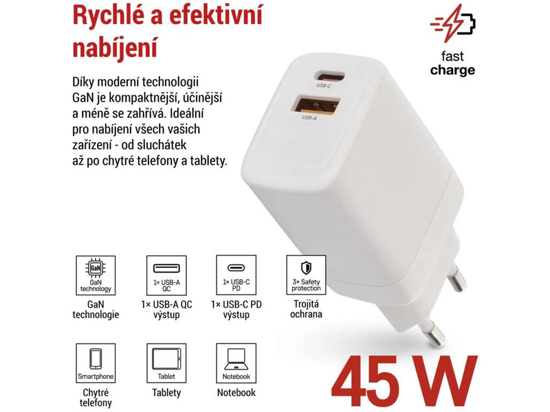 Síťový USB adaptér (zdroj) GaN PD 45W | pkmodelar.cz