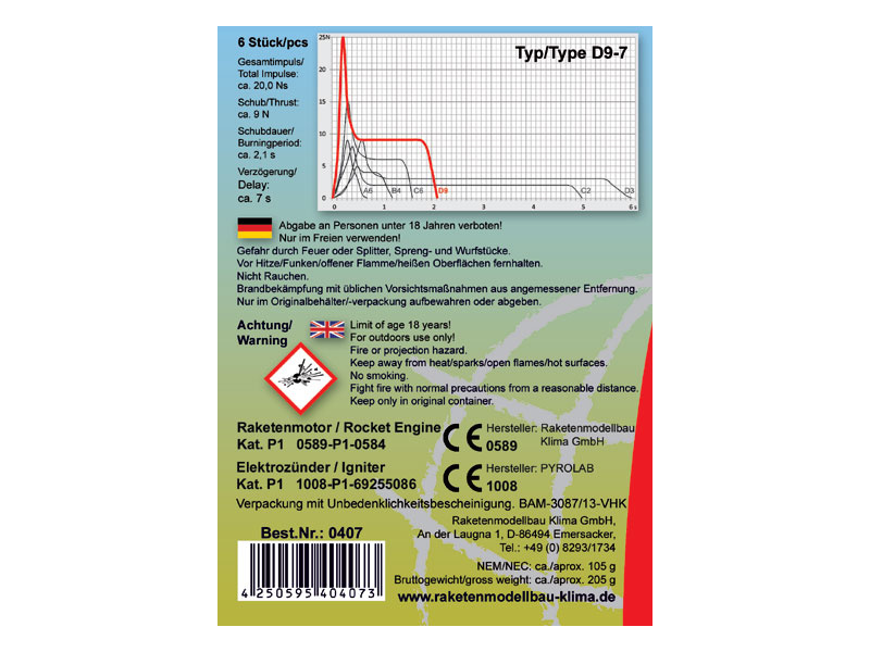 Klima raketový motor D9-7 EL (6ks) | pkmodelar.cz