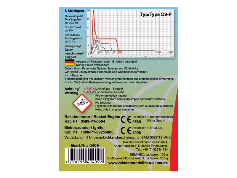 Klima raketový motor D9-P EL (6ks) | pkmodelar.cz