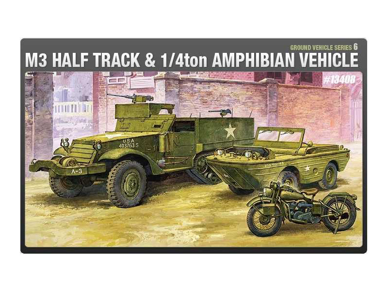 Plastikový model vojenské techniky Academy 13408 M3 HALF TRACK & 1/4ton AMPHIBIAN VEHICLE (1:72)