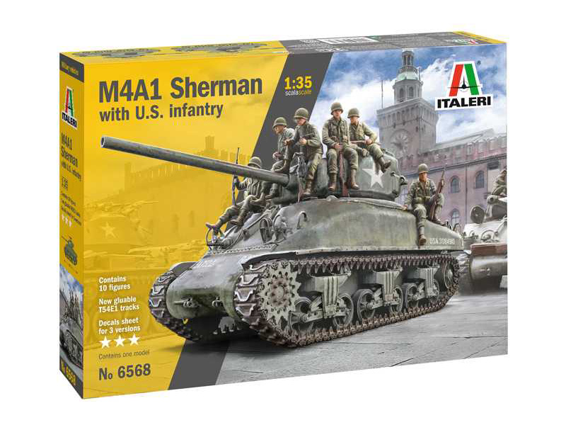 Plastikový model tanku Italeri 6568 M4A1 Sherman s U.S. pěchotou (1:35)