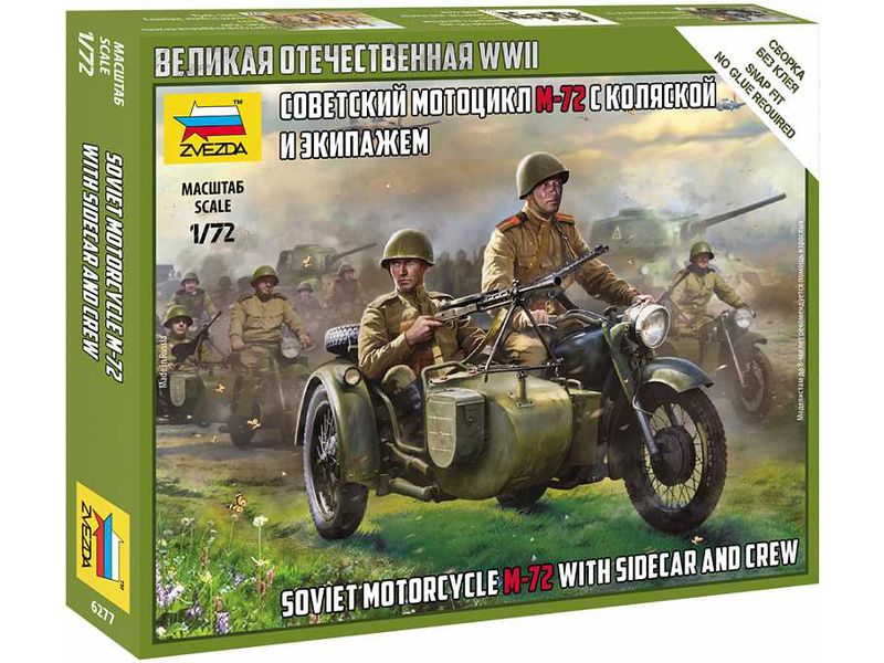 Plastikový model vojenské techniky Zvezda 6277 figurky - Soviet M-72 Sidecar Motorcycle w/Crew (1:72)